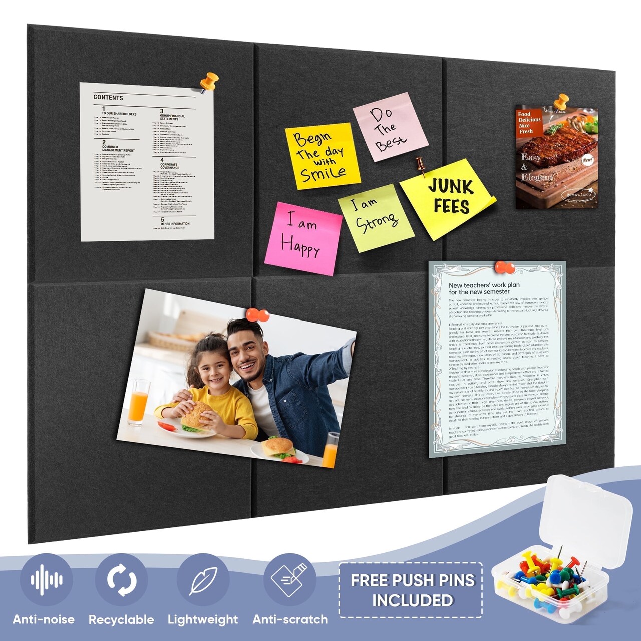 Black Cork Board, 6-Pack 11.8” × 11.8” Panels with Adhesive Tabs & Push Pins, Customizable Bulletin Board